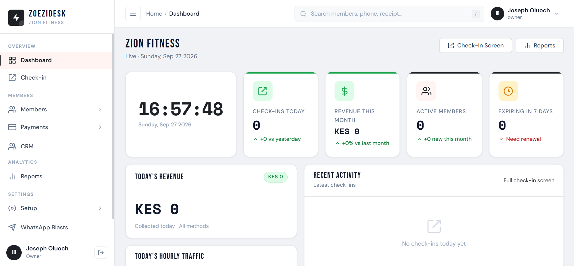 Zoezi Desk dashboard showing member management, M-Pesa payments and daily attendance